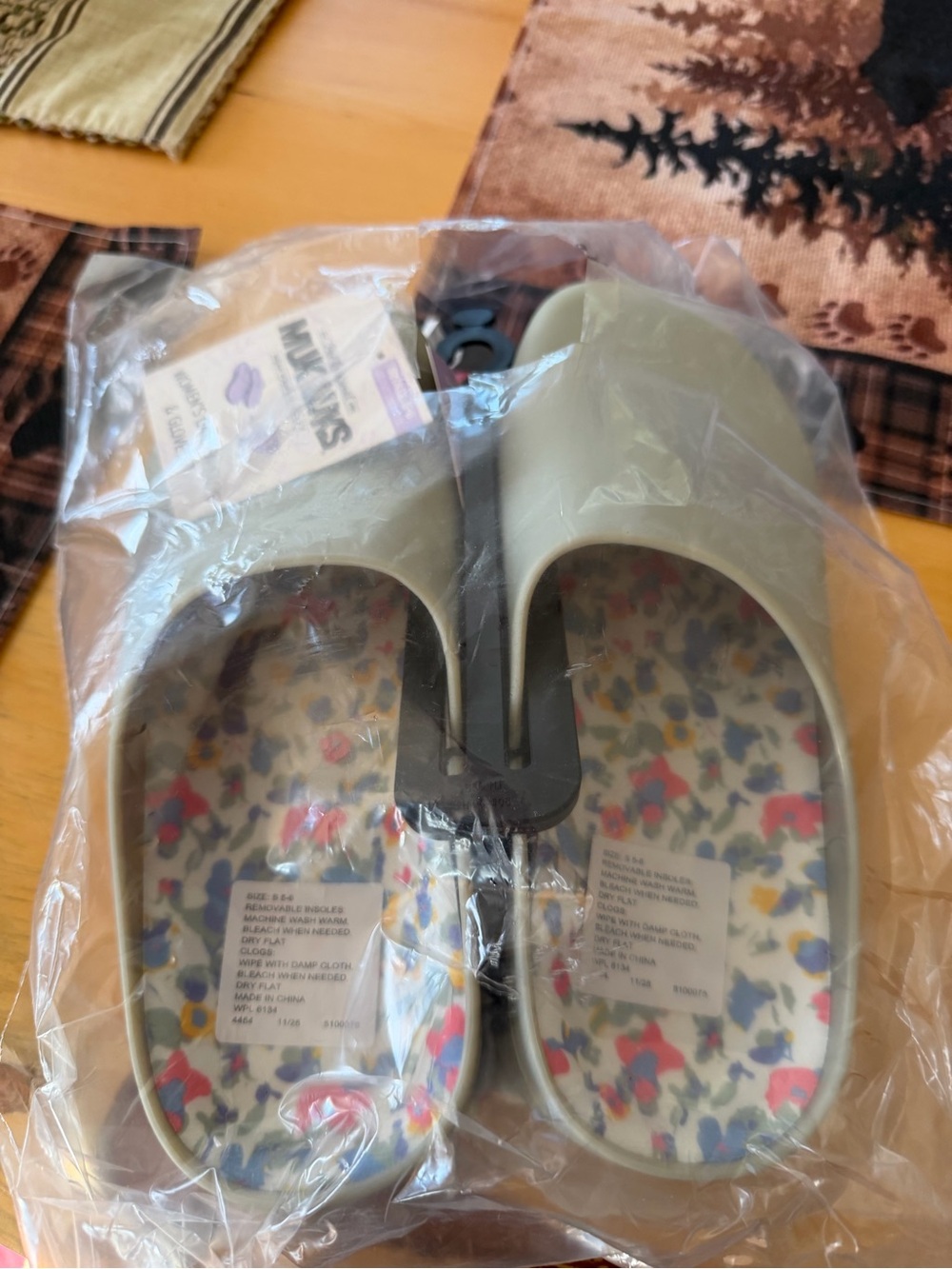 Muk Luks Olive Green Slip-On Clogs with Floral Insole